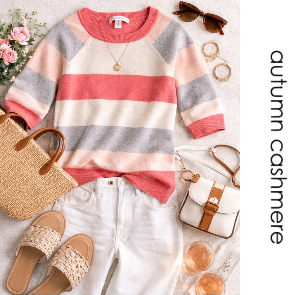 Autumn Cashmere Striped Crewneck Sweater Coral Grey Peach Luxury Cashmete S EUC